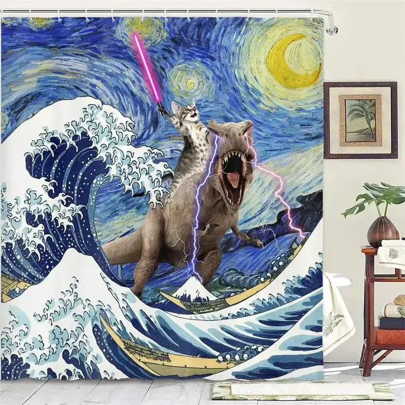 Funny Cat Riding Dinosaur Shower Curtains Cute Animal Sea Waves Surfboard Creative Kids Bath Curtain Set Fabric Bathroom Decor from PriceLows™