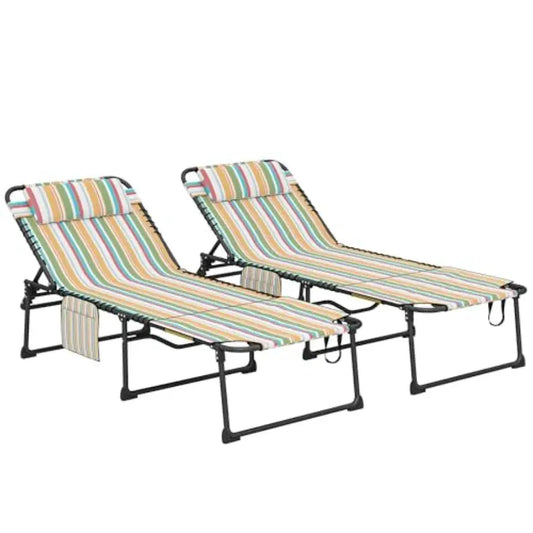 2 Piece Folding Chaise Lounge for Outdoor Use Polyester Rainbow Striped 5-Level Reclining with Face Hole Side Pocket Headrest from PriceLows™