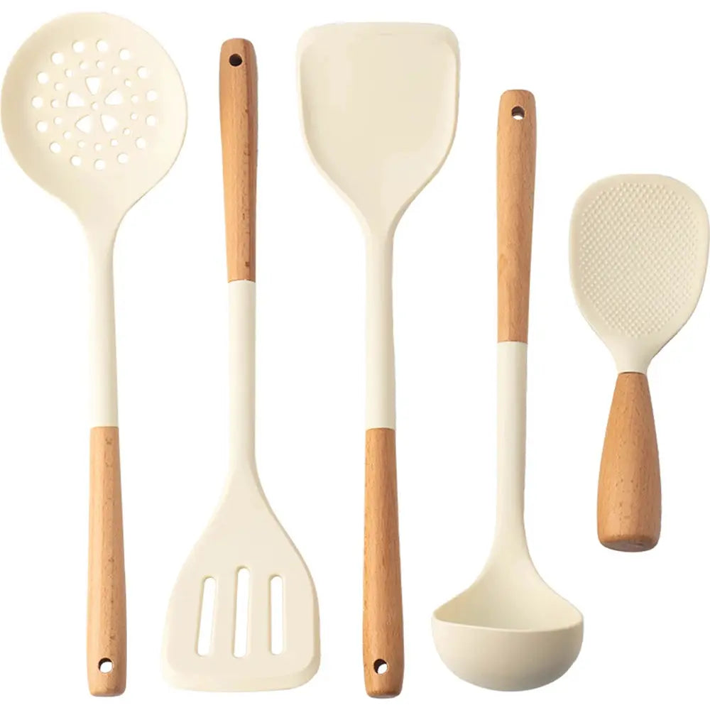 Silicone Spatula Set | Wooden Handle | Nonstick Design | 5 Piece White