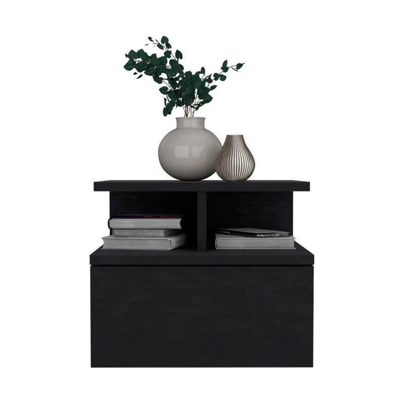 Floating Nightstand 12"H, Wall Mounted with Single Drawer and 2-Tier Shelf, Black from PriceLows™