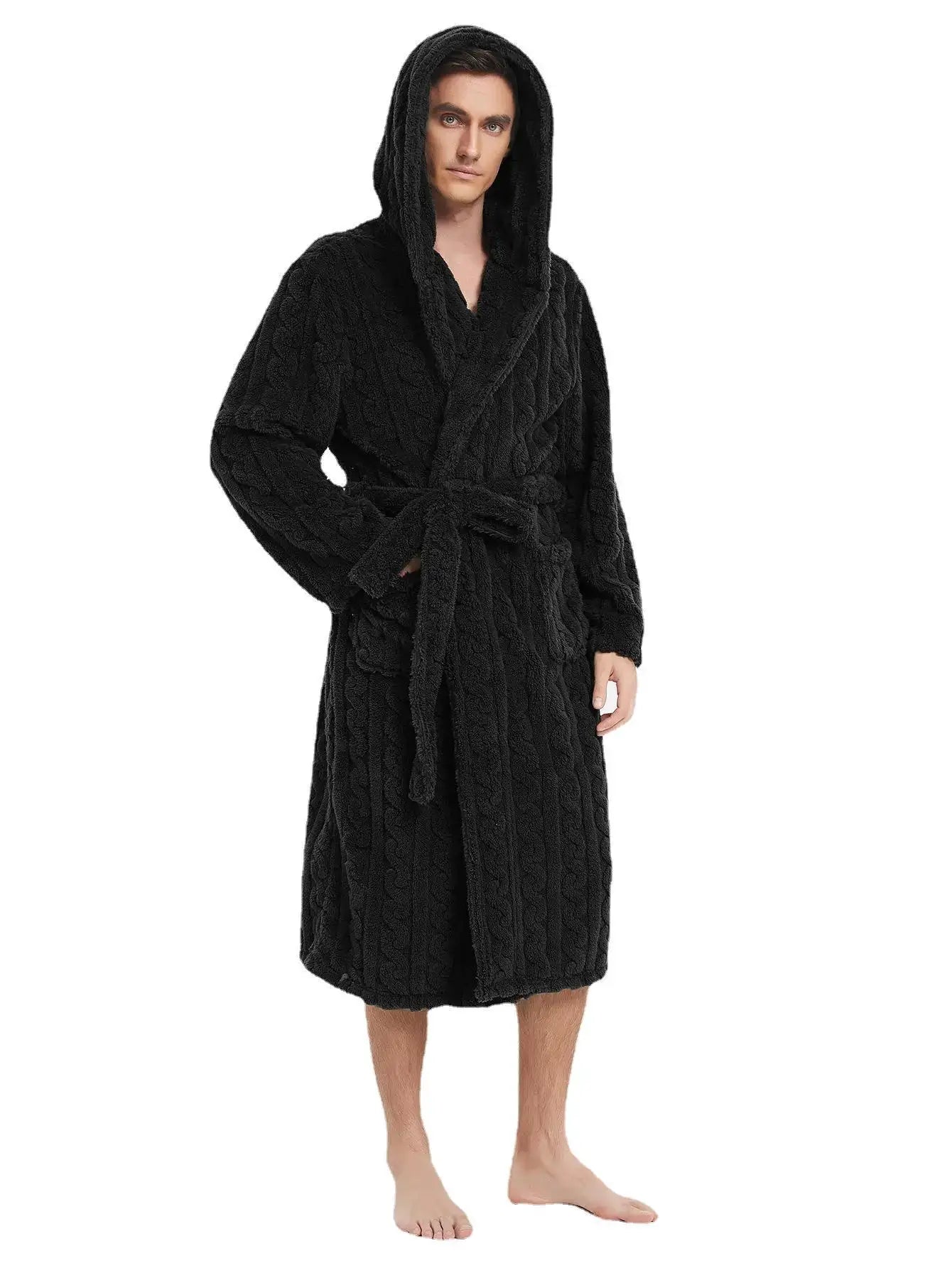 Men's Hooded Robe | Polyester | Thickened | Solid Color