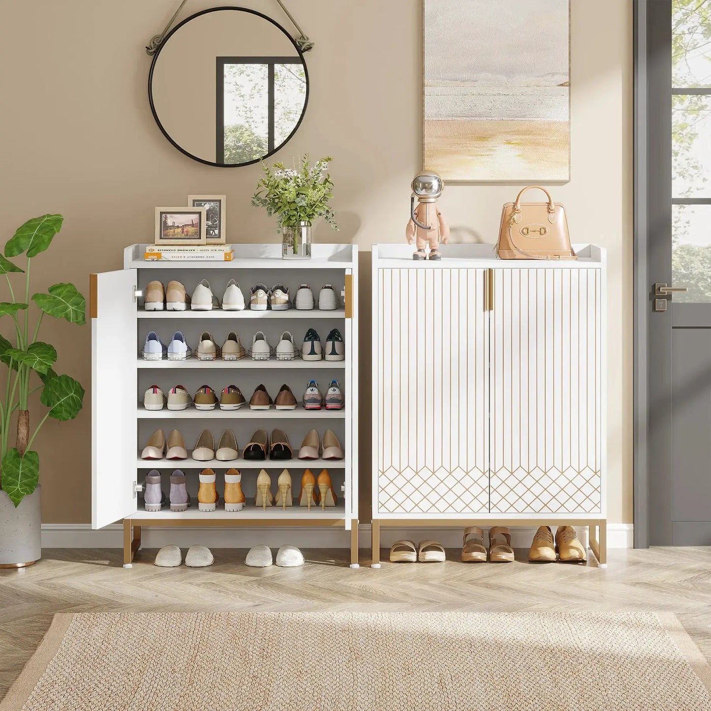 Tribesigns White Shoe Cabinets with Doors, 5-Tier Shoe Rack, Wood Storage Cabinet for Bedroom Hallway Living Room from PriceLows™