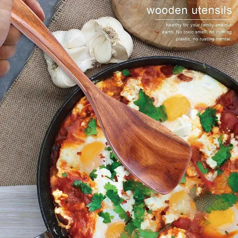 5pcs Wooden Utensil Set with Hanging Holes, Food Grade Spoons and Spatula 24-33.7cm, Non-Toxic Smooth Kitchen Tools for Cooking from PriceLows™