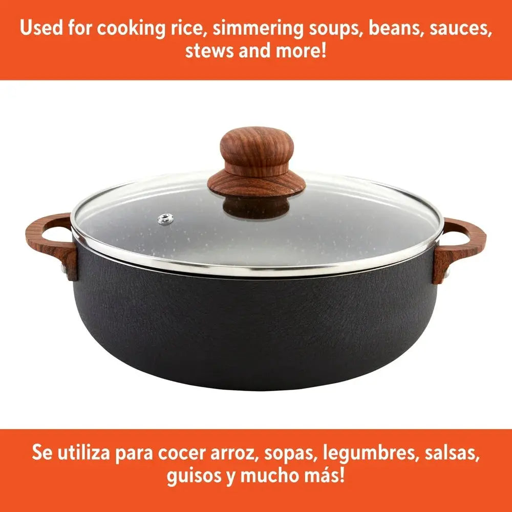 4.4qt Aluminum Nonstick Caldero with Glass Lid and Wood Look Handles Ideal Cooking Rice Stews Soups Sauces and More from PriceLows™