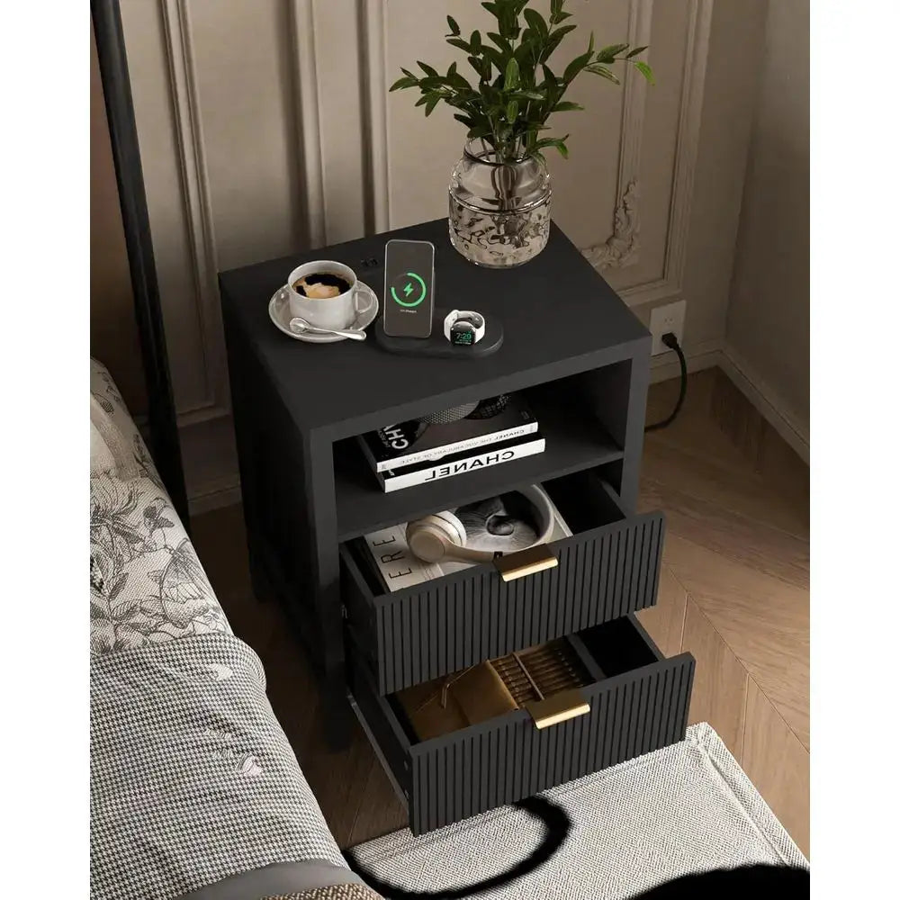Black Charging Station Nightstand & 2 Storage Bedside Tables for Bedroom and Living Room from PriceLows™