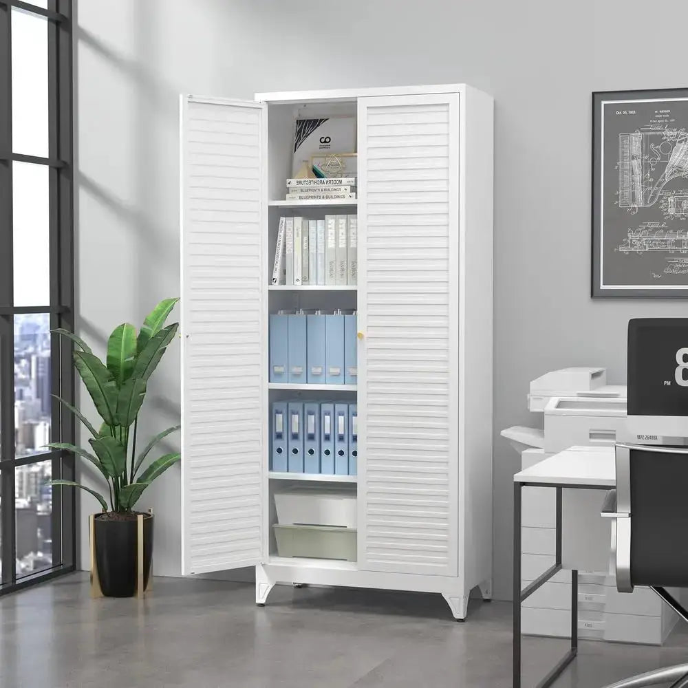 75 Metal Storage Cabinet with 4 Adjustable Shelves, White Tall Locker Organizer for Steel Garage, Kitchen, Office, and School Us from PriceLows™