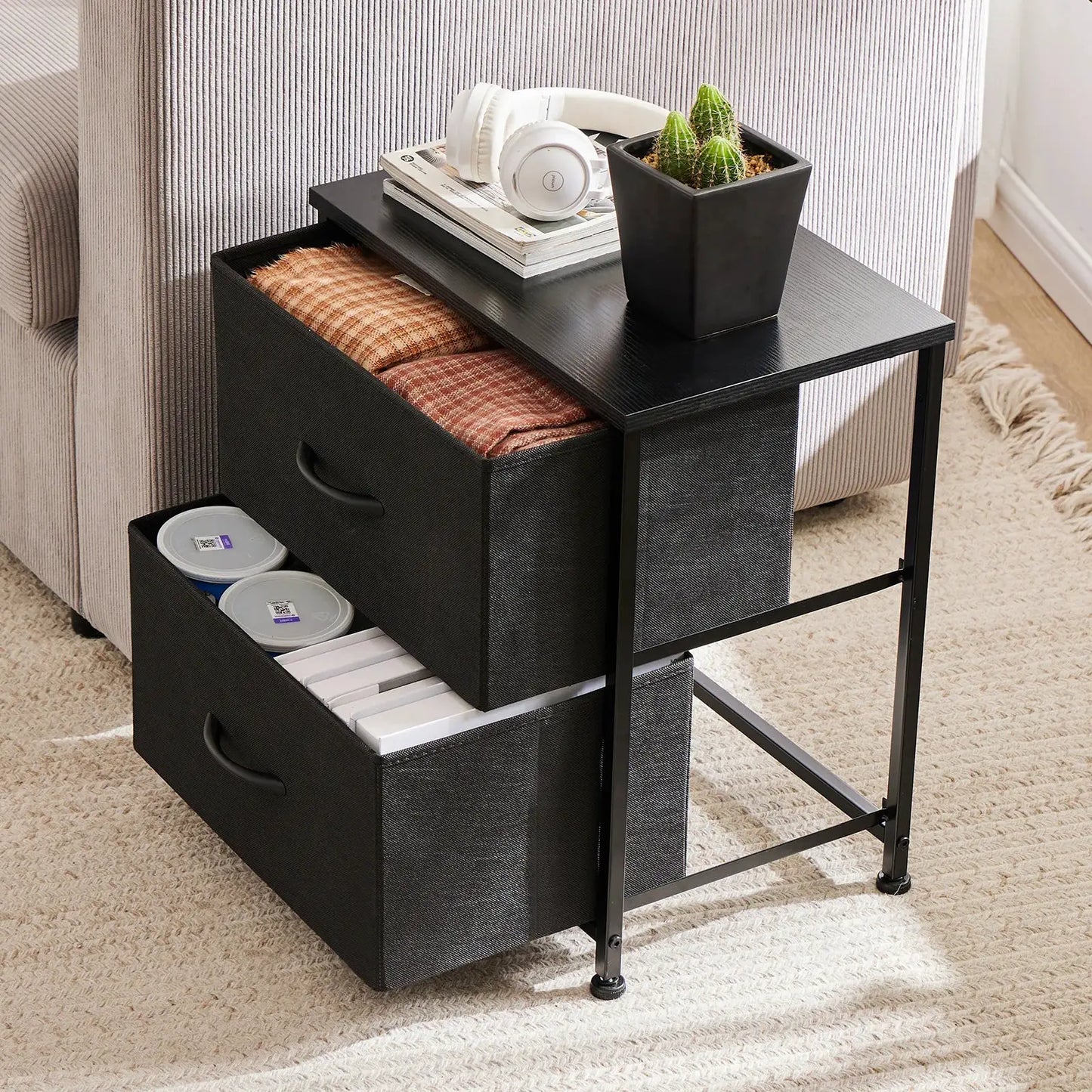 JHK Nightstand Bedside Coffee Sofa Tea Table Storage Closet Chest Clothes Display For Bedroom 2 Fabric Drawers Cabinet Furniture from PriceLows™