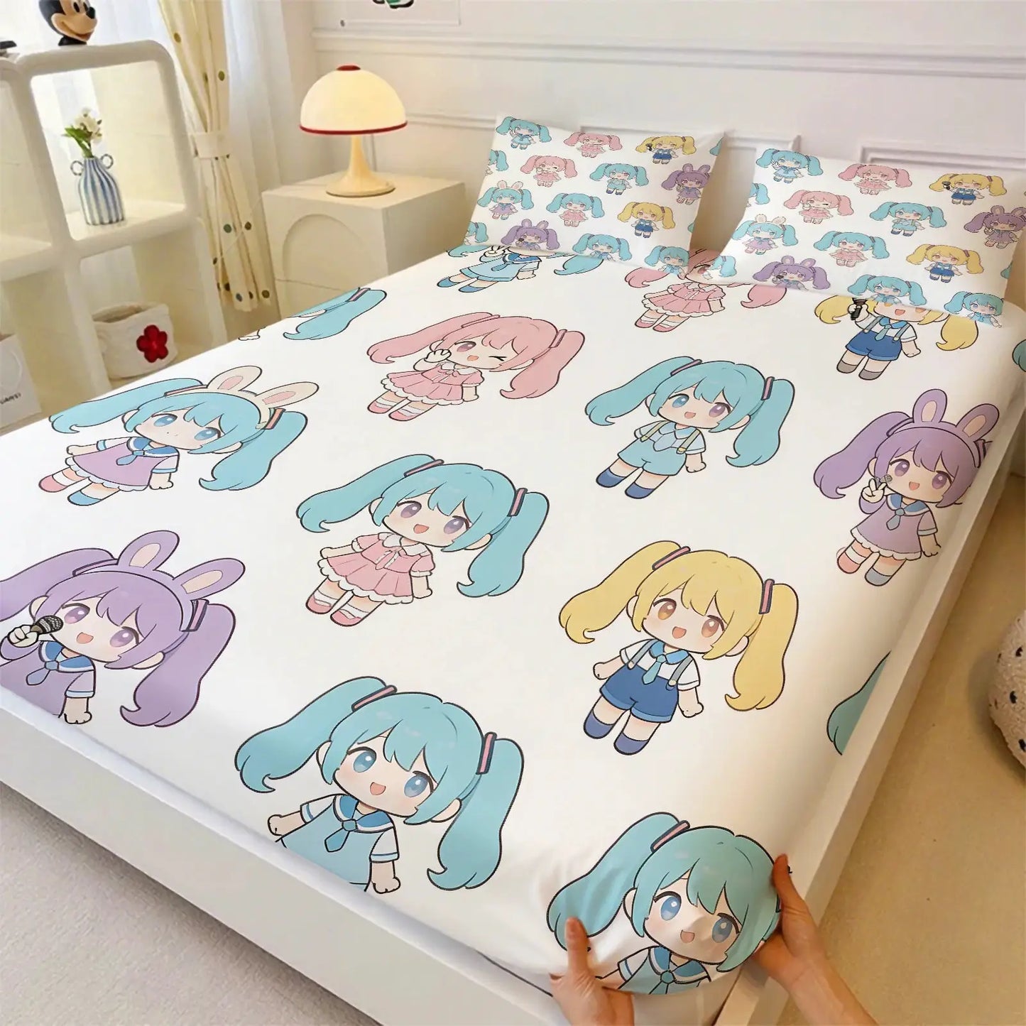 3Pcs Hatsune Miku Chibi Style Fitted Sheet Set Cute Anime Bed Cover with Pillowcases Deep Pocket Teen Room Fans Room Decor Gift from PriceLows™