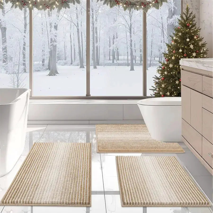 Bathroom Rugs Sets 3 Piece, Toilet Rugs UShaped Contour Bath Mat Set, Striped Absorbent Non Slip Chenille Shower Mat, Beige from PriceLows™