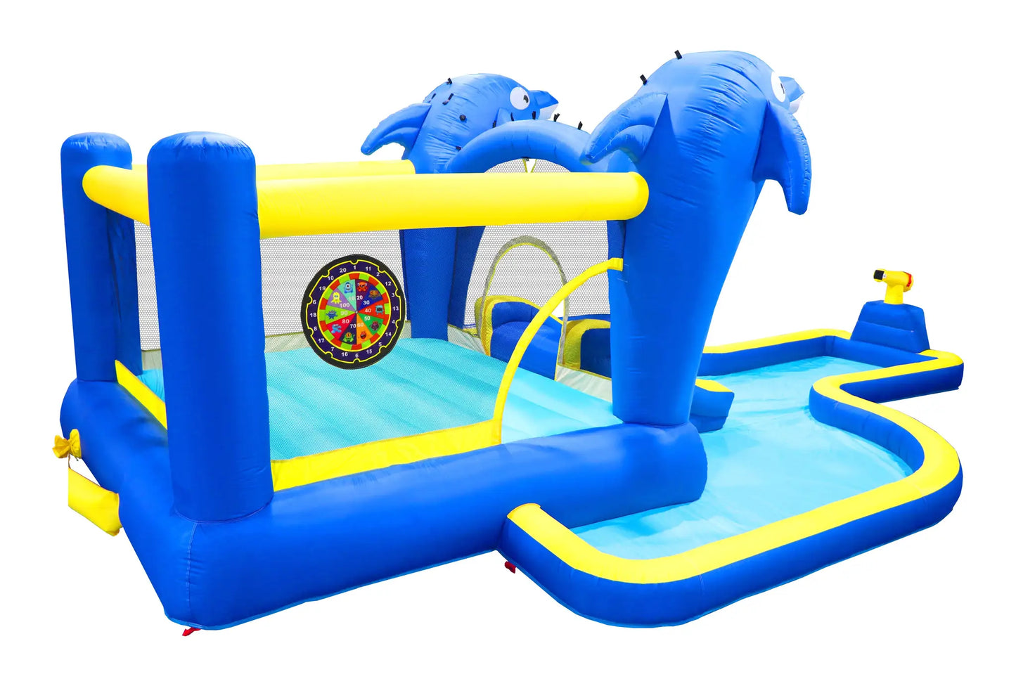 Inflatable Water Slide 8in1 Bounce House Outdoor Backyard Kids Play Center Dolphin Sprinkler Water Gun Basketball Target Games from PriceLows™
