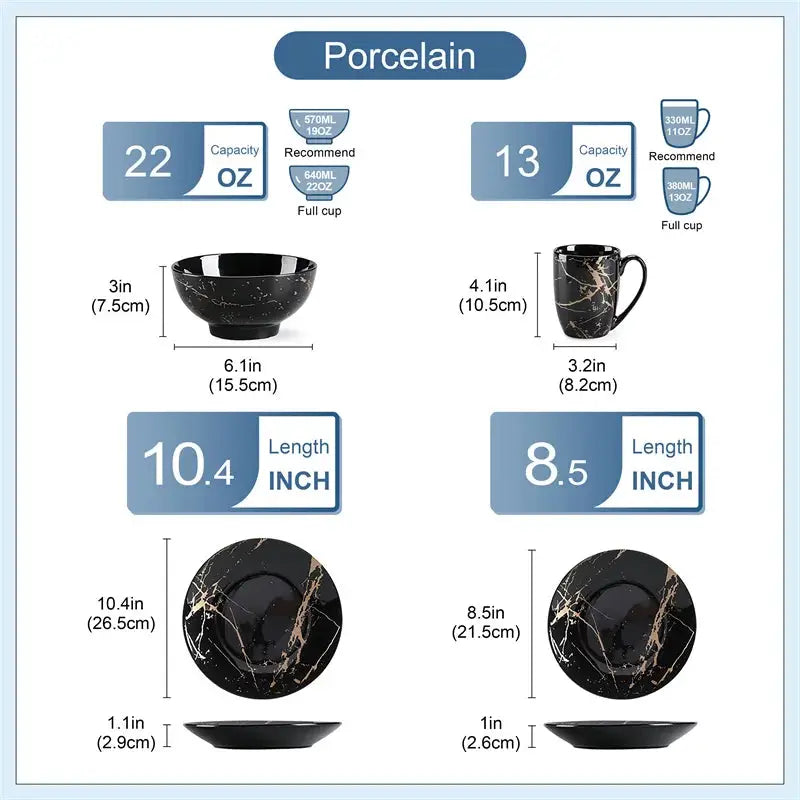 16Pcs Black Procelain Tableware Set Design By Gold Splash with Dinner Plate/Cake plate/Bowls/Coffee Cups Kitchen Dinner Ware Set from PriceLows™