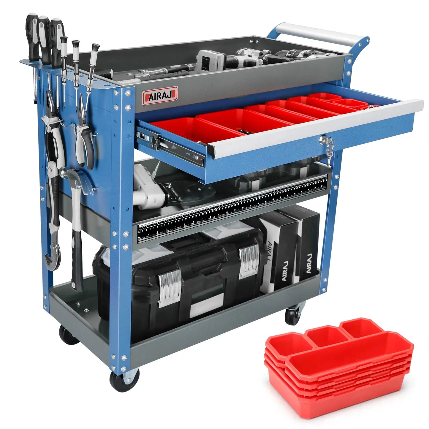AIRAJ 3 Tier Rolling Tool Cart on Wheels,Metal Heavy Duty Mechanic Cart with Drawers and Pegboard,Industrial Utility Cart from PriceLows™