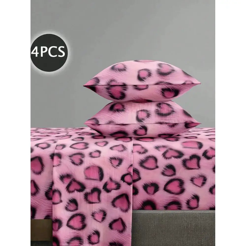 Fashionable Hot Pink Leopard Print Bedding Set, Easy Care Super Soft Microfiber Bedding Set 1 Flat Sheet 1 Fitted Sheet 2 Pillow from PriceLows™