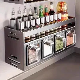 Wall Mounted Double Layer 4 Grids Stainless Steel Spice Rack Grey Kitchen Seasoning Organizer for Jars Bottles Pantry from PriceLows™