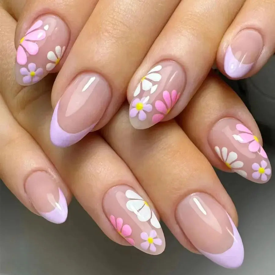 Short Almond Press On Nails | Pink Floral French | Reusable Full Cover | 24 Pcs