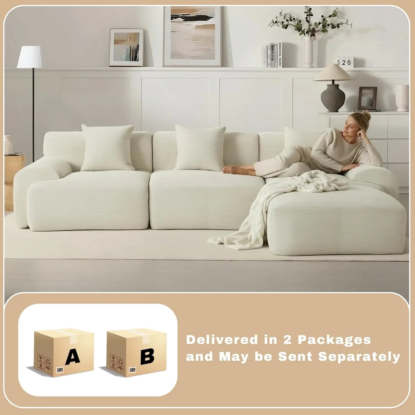 Modular Sectional Sofa | 107in Length | Corduroy Upholstery | With Ottoman
