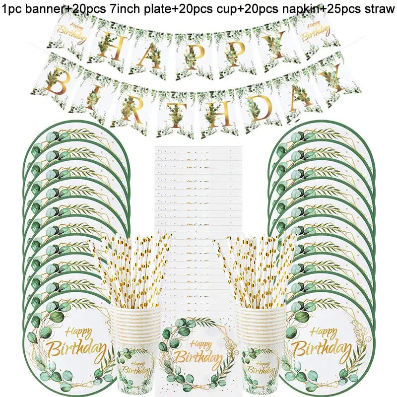 Eucalyptus Leaf Tableware Set | Paper Plate Cups Napkins | Kids And Adults Party Supplies