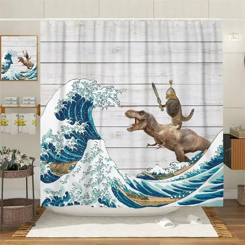Funny Cat Riding Dinosaur Shower Curtains Cute Animal Sea Waves Surfboard Creative Kids Bath Curtain Set Fabric Bathroom Decor from PriceLows™