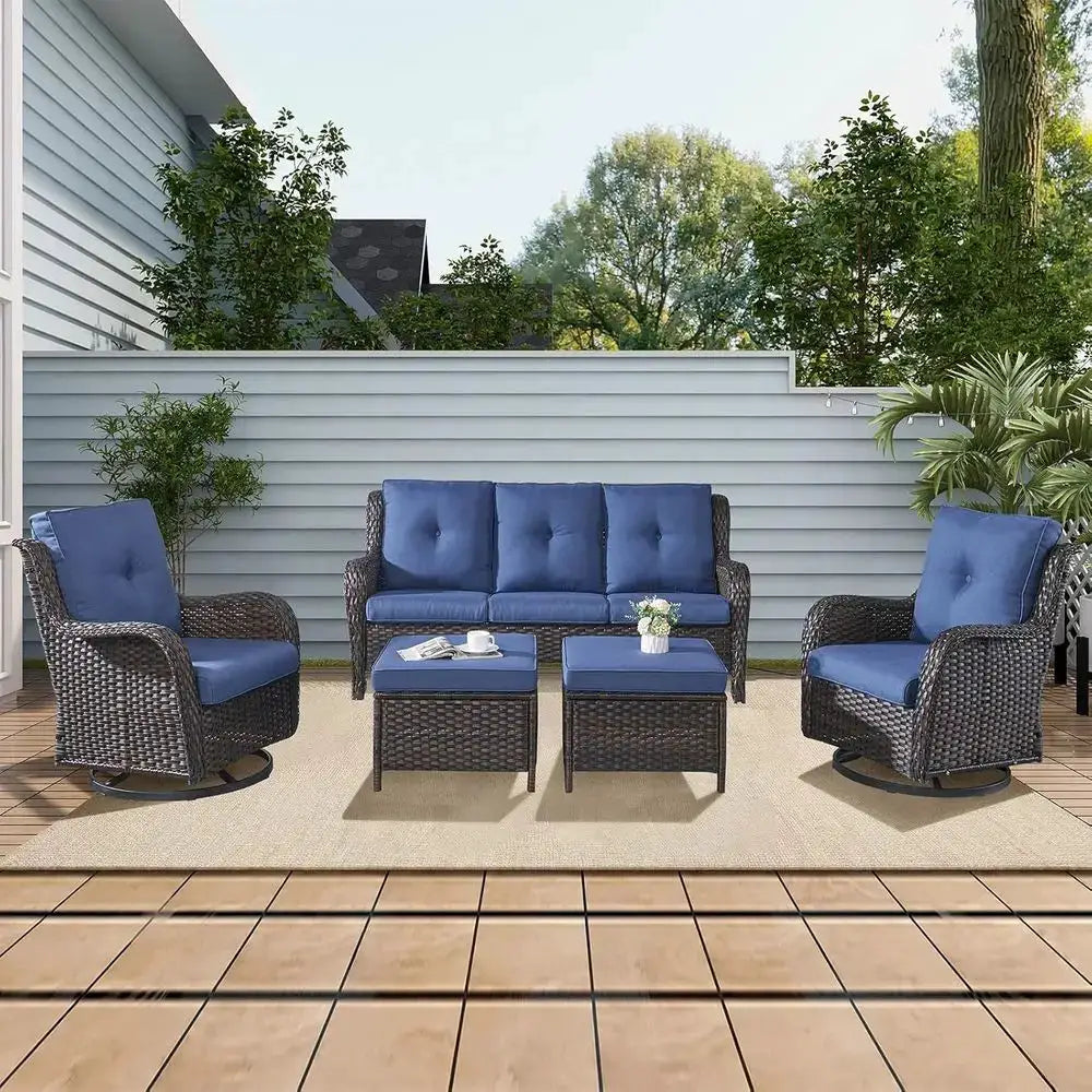 3-Piece Outdoor Wicker Patio Furniture Set with Sofa and 2 Ottomans - Rattan Garden Deck Seating (Brown/Blue) from PriceLows™