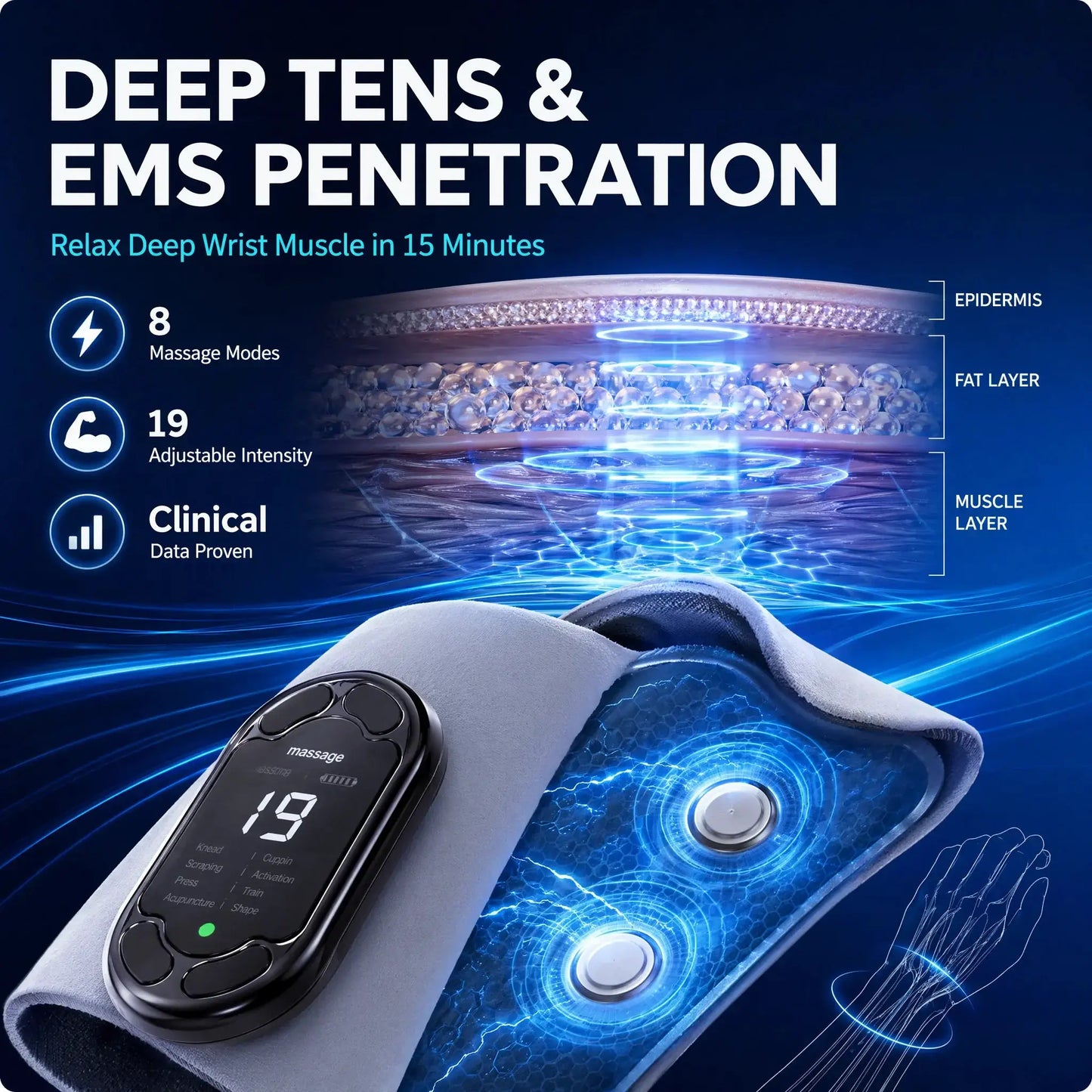 EMS TENS Wrist Massager | 8 Modes 19 Levels | Pulse Heating | Fresh Blue