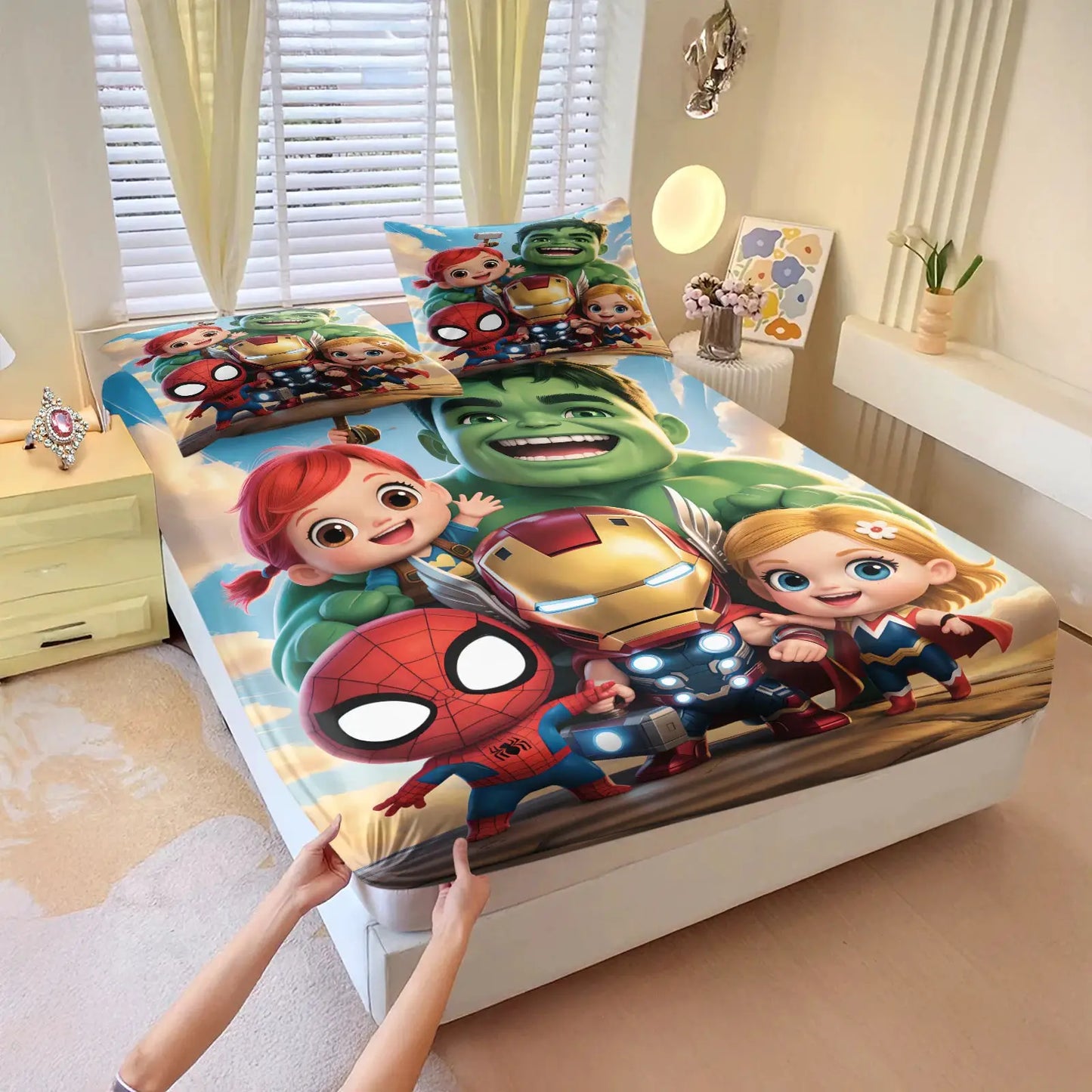 3Pcs Chibi Marvel Fitted Sheet Set with Pillowcases, Soft Deep Pocket Cartoon Print Mattress Cover for Kids Boys Girls Bedroom from PriceLows™