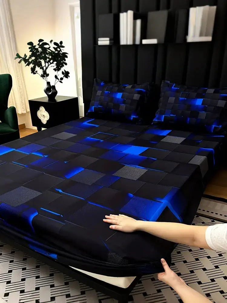 3pcs Cool Technology Digital Printing Material Plaid Fitted Sheet(1pc Bed Sheet+2pcs Pillowcase No Filling) Deep Pocket In 15 In from PriceLows™