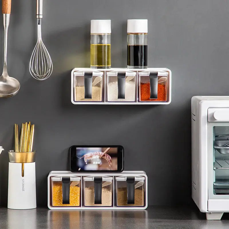 Spice Jars Set | 390ml | Three-Compartment Wall Mount | 3 Jars