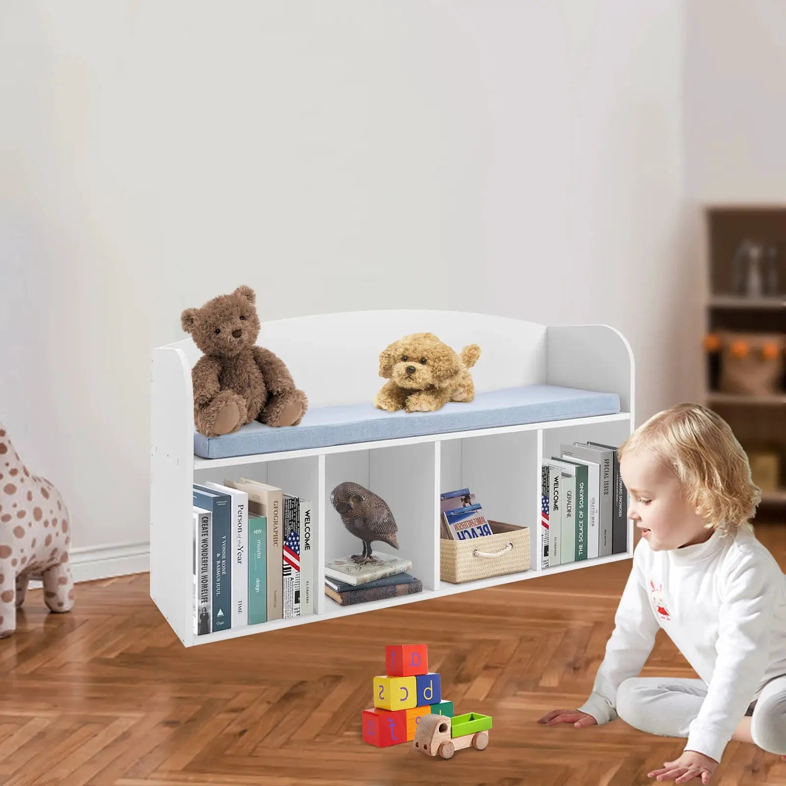 Kids Bookshelf with Reading Nook - Soft Cushioned Corner Bench, 5-Tier Book Display & Storage Organizer, Space-Saving Bookcase from PriceLows™