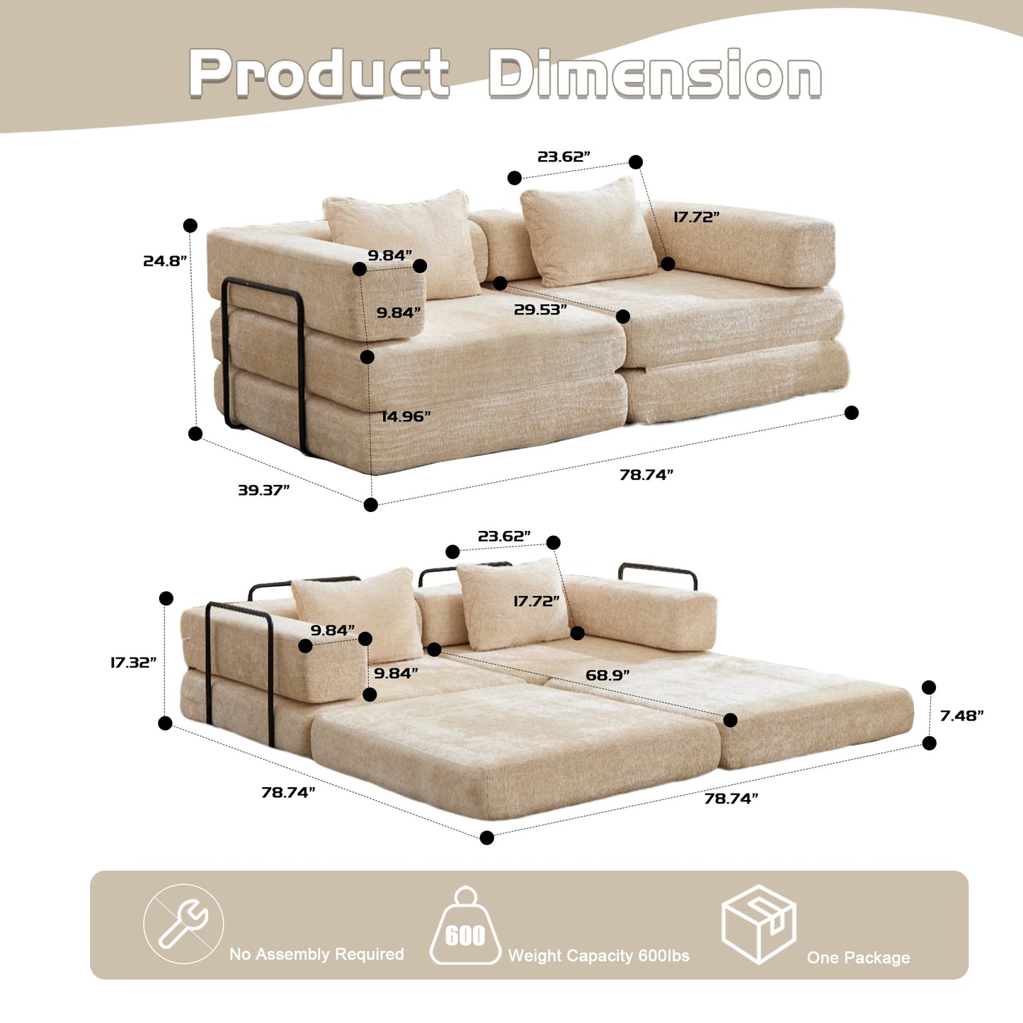 Convertible Sofa Bed | Wood Frame | Chenille Fabric | Beige