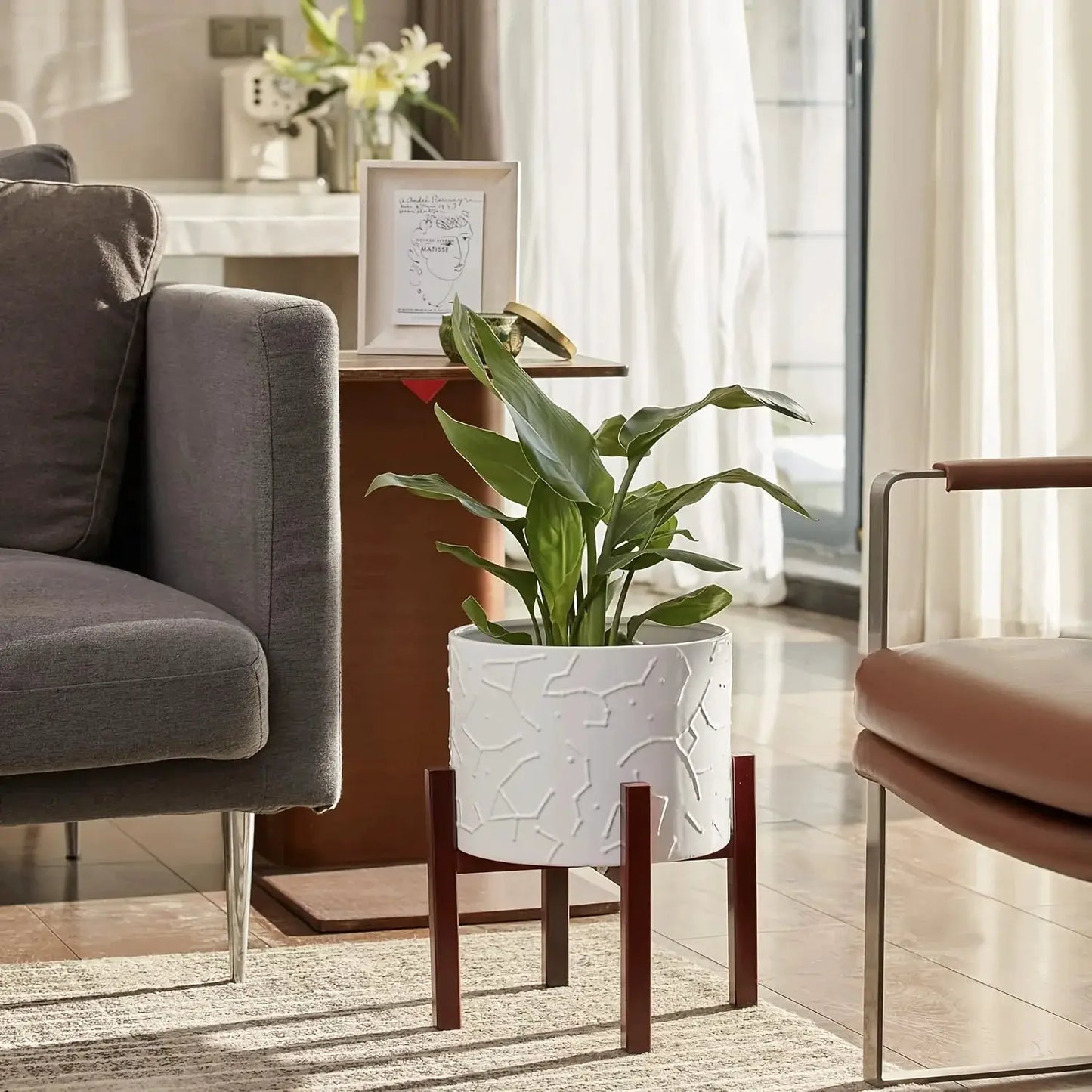 10 Inch Ceramic Planter With Wooden Stand - Stylish Flower Pot For Indoor Plants from PriceLows™