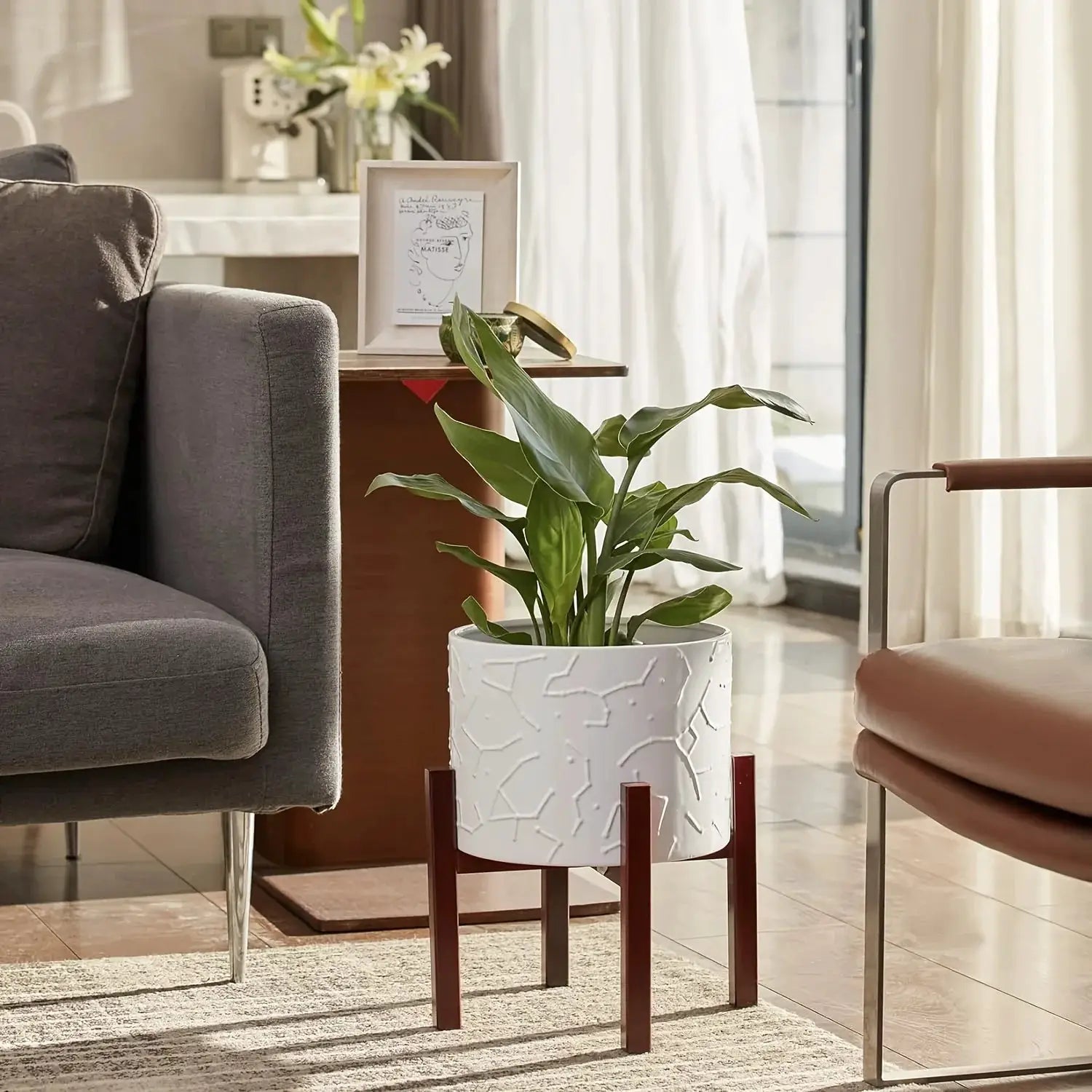 10 Inch Ceramic Planter With Wooden Stand - Stylish Flower Pot For Indoor Plants from PriceLows™