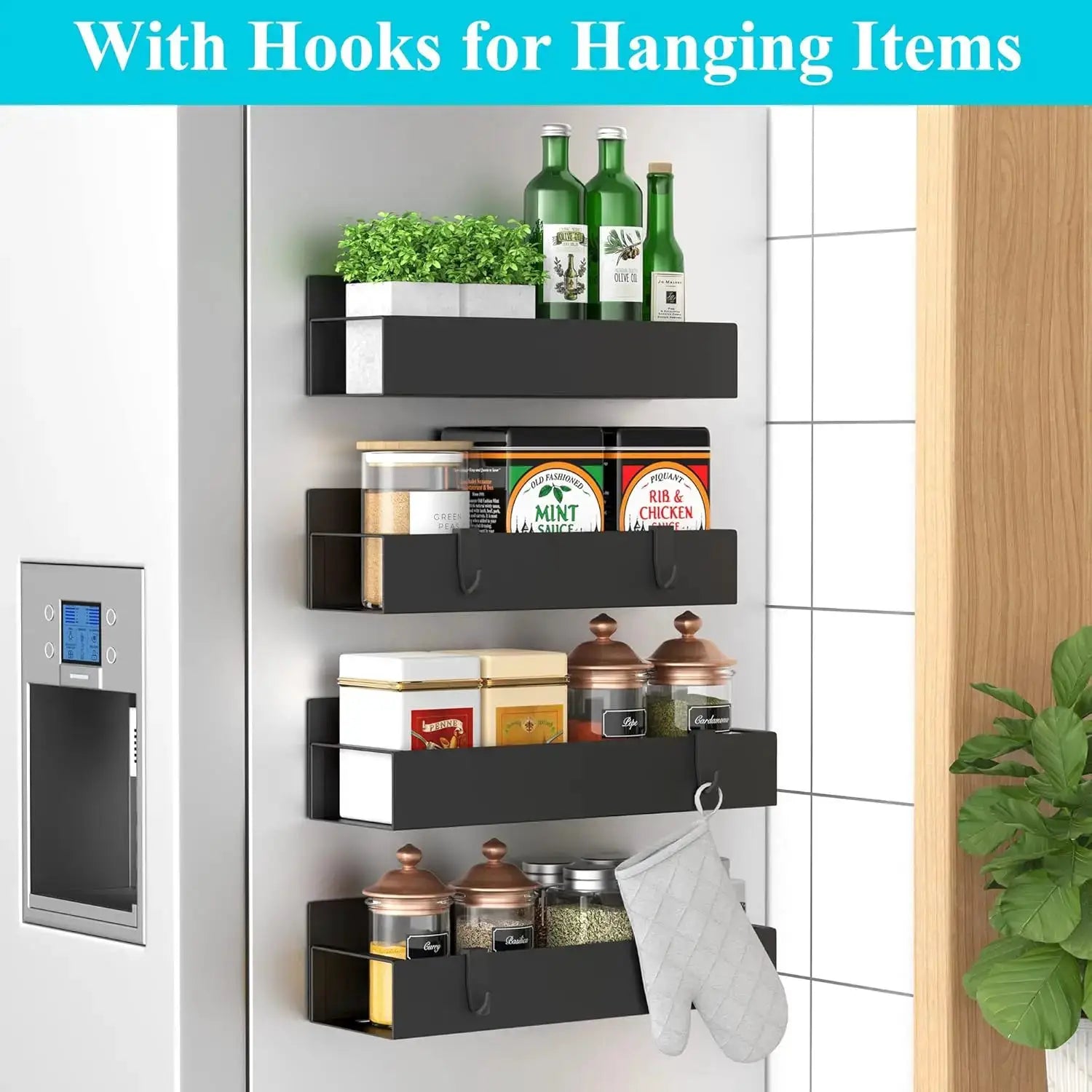4 Pack Magnetic Spice Rack for Fridge and Oven, Heavy Duty Black Metal Storage Organizer from PriceLows™
