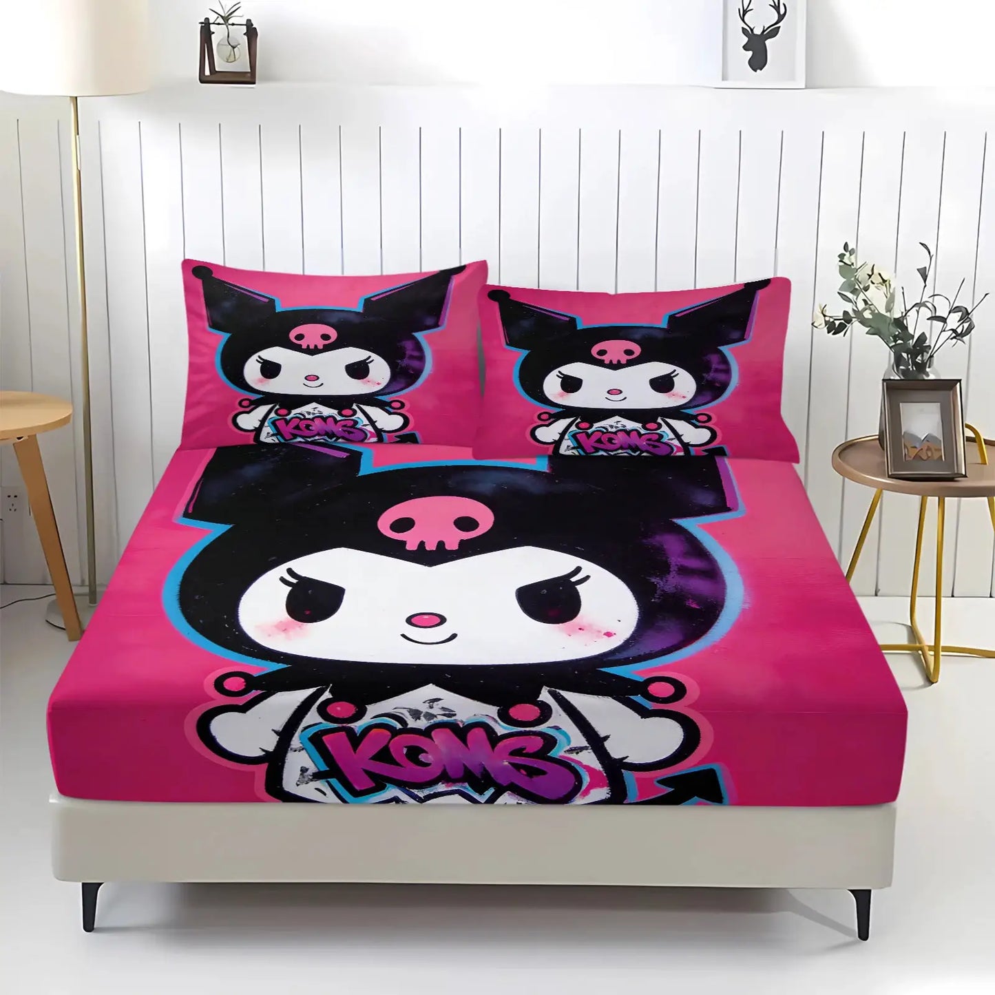 Kawaii Kuromi Cool Blue Fitted Sheet Sanrio Graffiti Print Bed Sheet Set with Pillowcases Anime Edgy Bedding Mattress Cover from PriceLows™