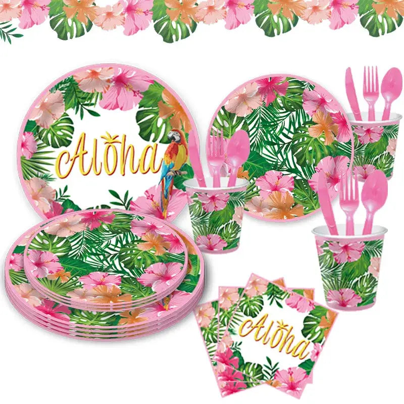 Hawaiian Aloha Tableware Set Summer Party Paper Plates Cups Napkins