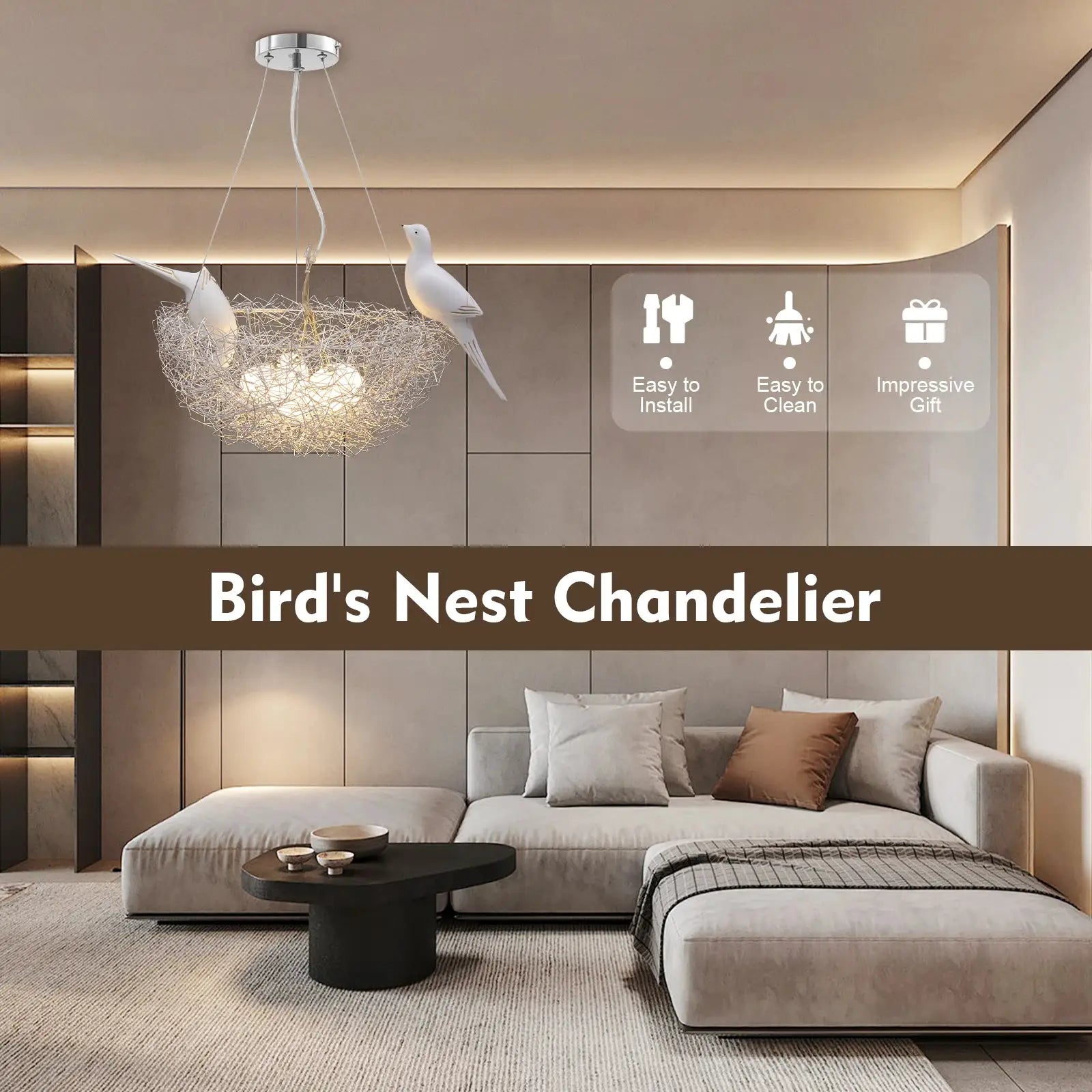 Modern Bird Nest Chandelier LED Ceiling Light 25W 4000K Aluminum Silver for Living Room Dining Room Bedroom Lighting from PriceLows™