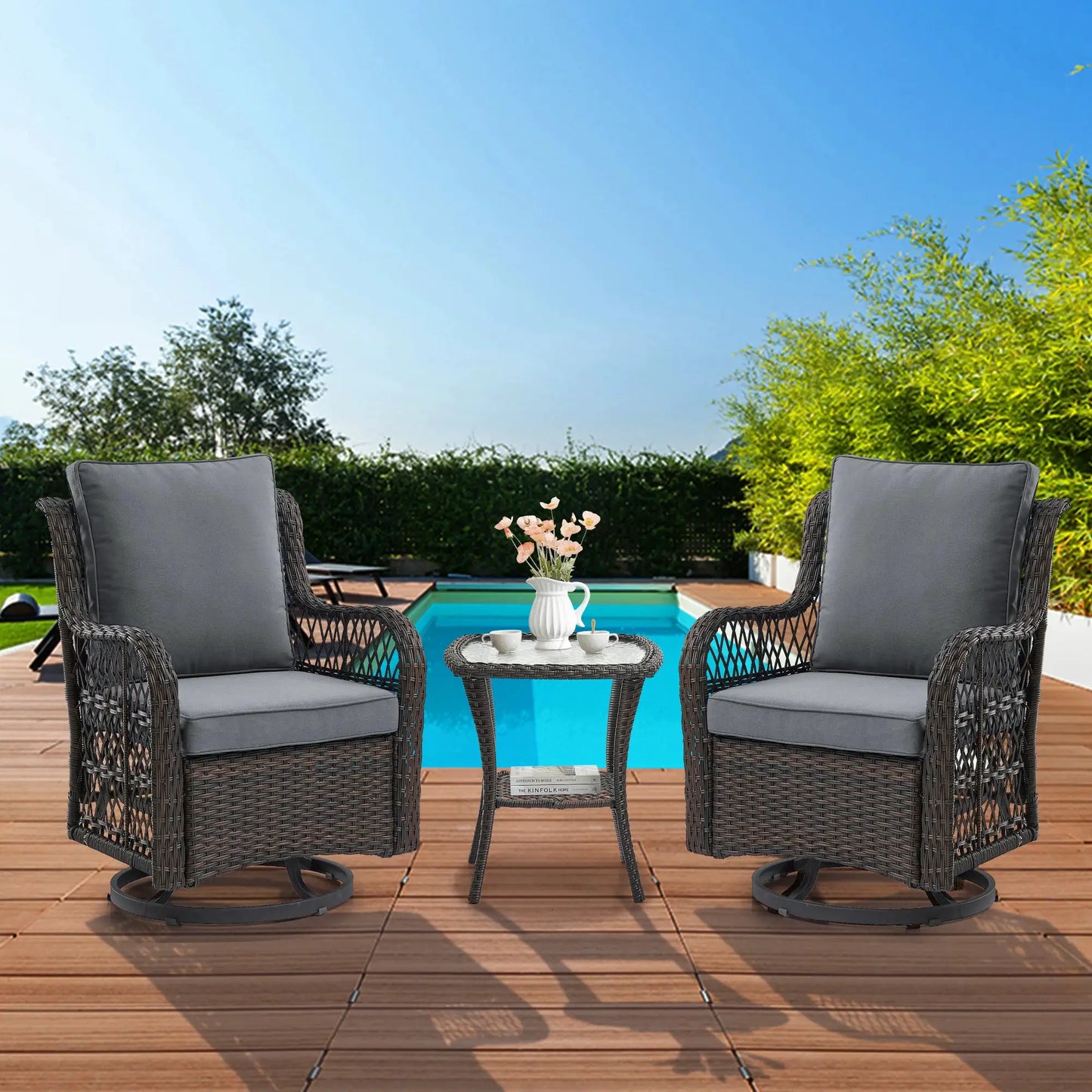 3 Pieces Outdoor Wicker Swivel Chair Set, Swivel Rocking Chairs Set of 2 with Rattan Side Table, 360-Degree Swivel Rocking Chair from PriceLows™