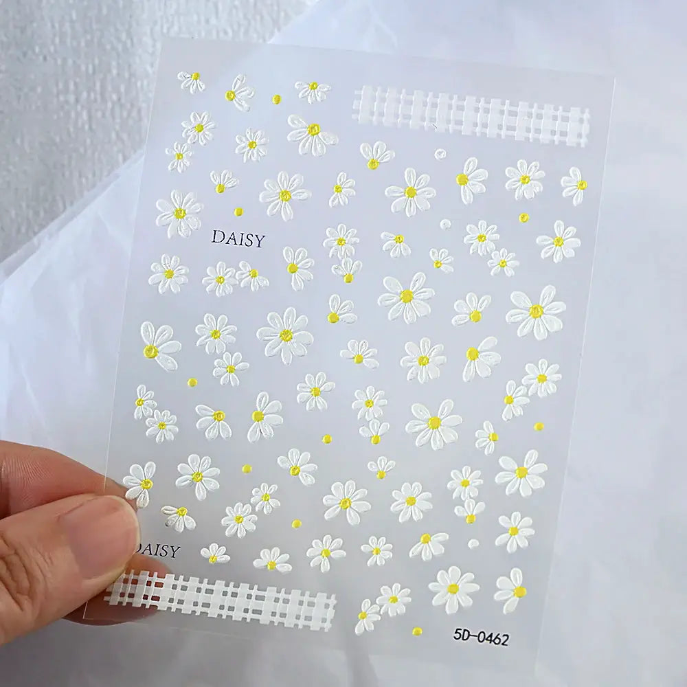 2pcs 5D White Daisy Design Nail Art Stickers Embossed Daisy Floret Green Leaf Nail Art Decals DIY Spring Summer Decor Stickers from PriceLows™