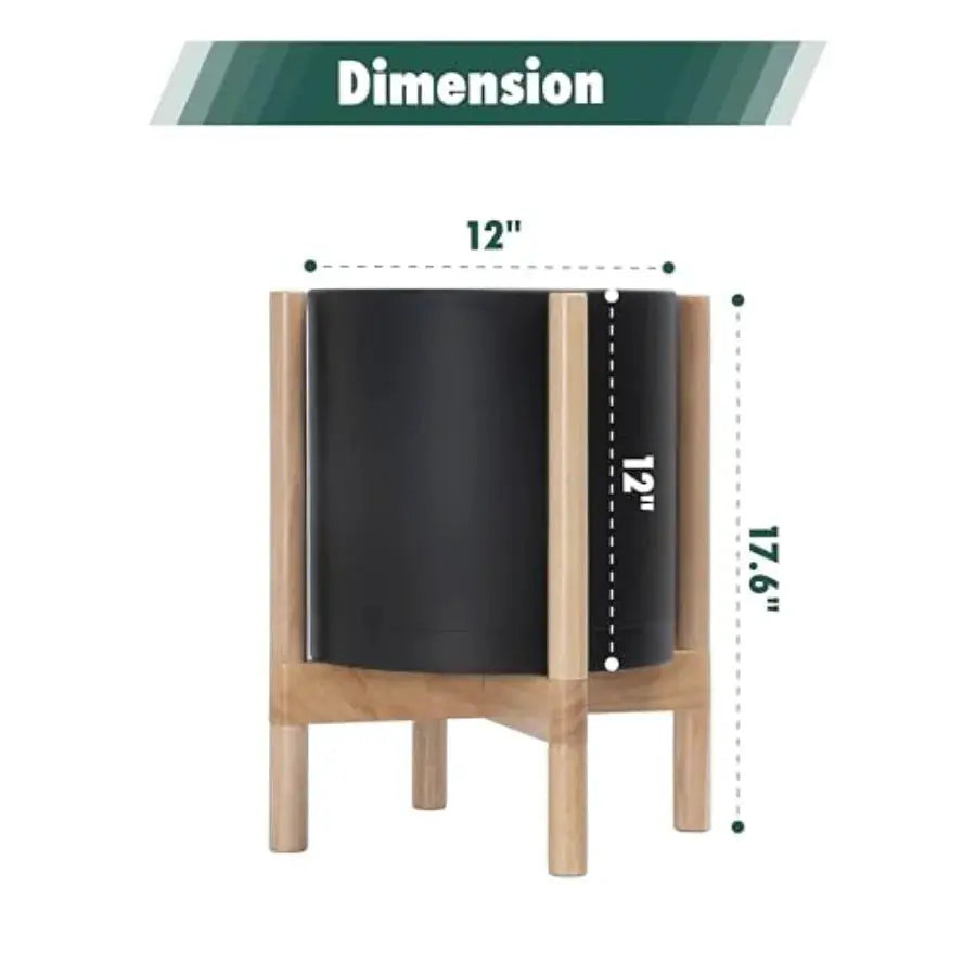 12 Inch Plastic Cylinder Planter Pot with Wooden Stand for Indoor Use Matte Black Pot + Natural Wood Holder Modern Decorative F from PriceLows™