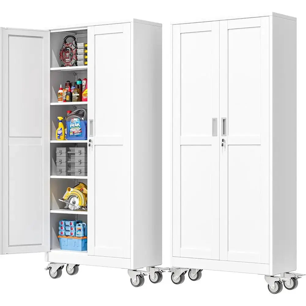 75 High Metal Storage Cabinet with Wheels, 2 Doors & 5 Shelves, White, Ideal for Home, Office, Warehouse from PriceLows™