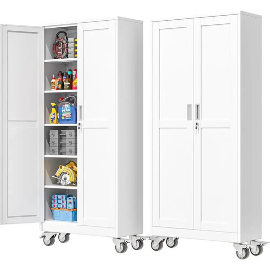 75 High Metal Storage Cabinet with Wheels, 2 Doors & 5 Shelves, White, Ideal for Home, Office, Warehouse from PriceLows™