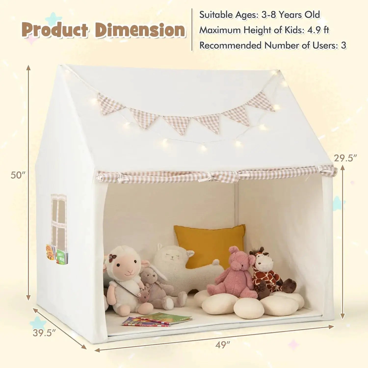 Kids Play Tent w/Padded Mat, Star Lights, Flags, Windows & Storage Pocket, Indoor Outdoor Playhouse for Toddlers, 49" x 39.5" x from PriceLows™