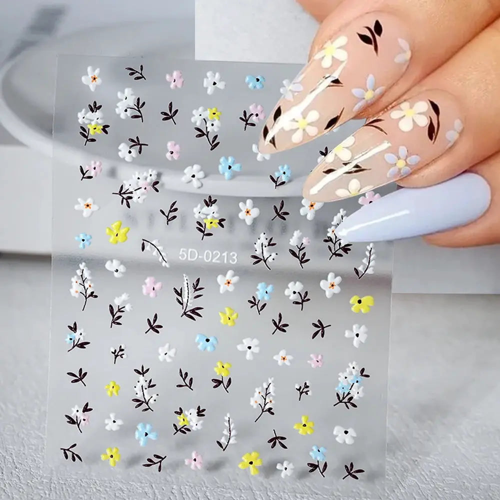 5D Pink Blue Floral Nail Art Stickers Petals Leaf Plant Embossed Nail Decals Spring Summer Flower Design for DIY Nail Supplies from PriceLows™