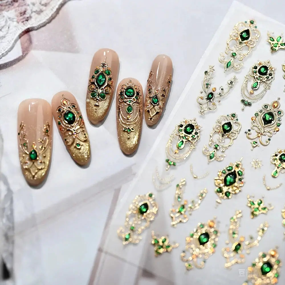 5D Embossed Emerald Gemstones Nail Art Stickers Luxury Golden Frame Baroque Flower Nail Decals Green Rhinestones Nail Supplies from PriceLows™
