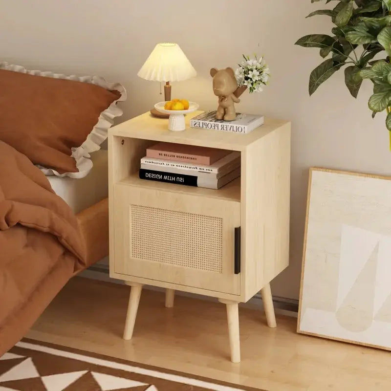 22.83'' Oak Wood Nightstand with Door and Open Shelf, Solid Wood Legs, Compact Bedroom Side Table for Dorm and Small Spaces from PriceLows™