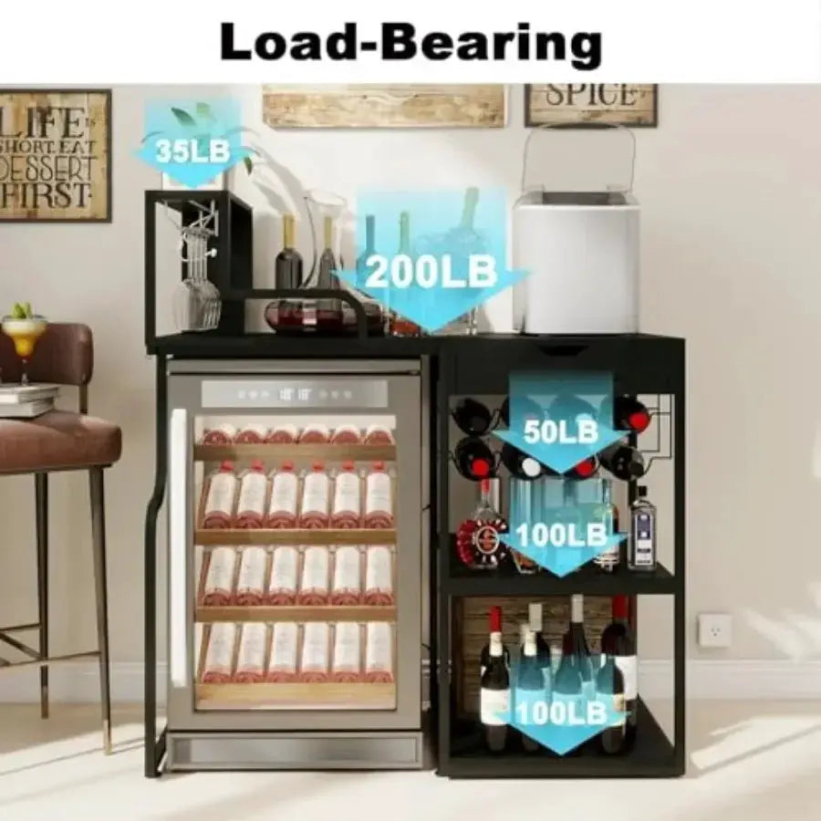 Wine Bar Cabinet with Mini Fridge Space and Pull-Out Drawer for Dorm Living Room Kitchen, Black Metal Wood, LED Light, Whiskey from PriceLows™