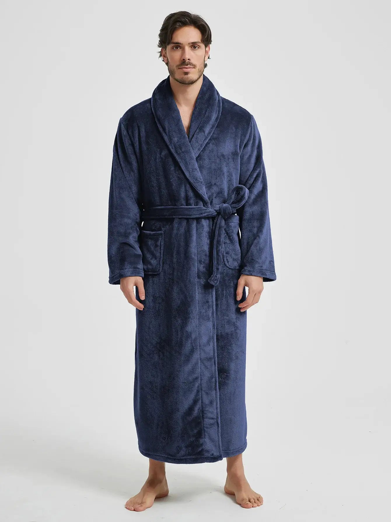Men Bathrobe | Polyester Knit | Turn Down Collar | Winter Homewear