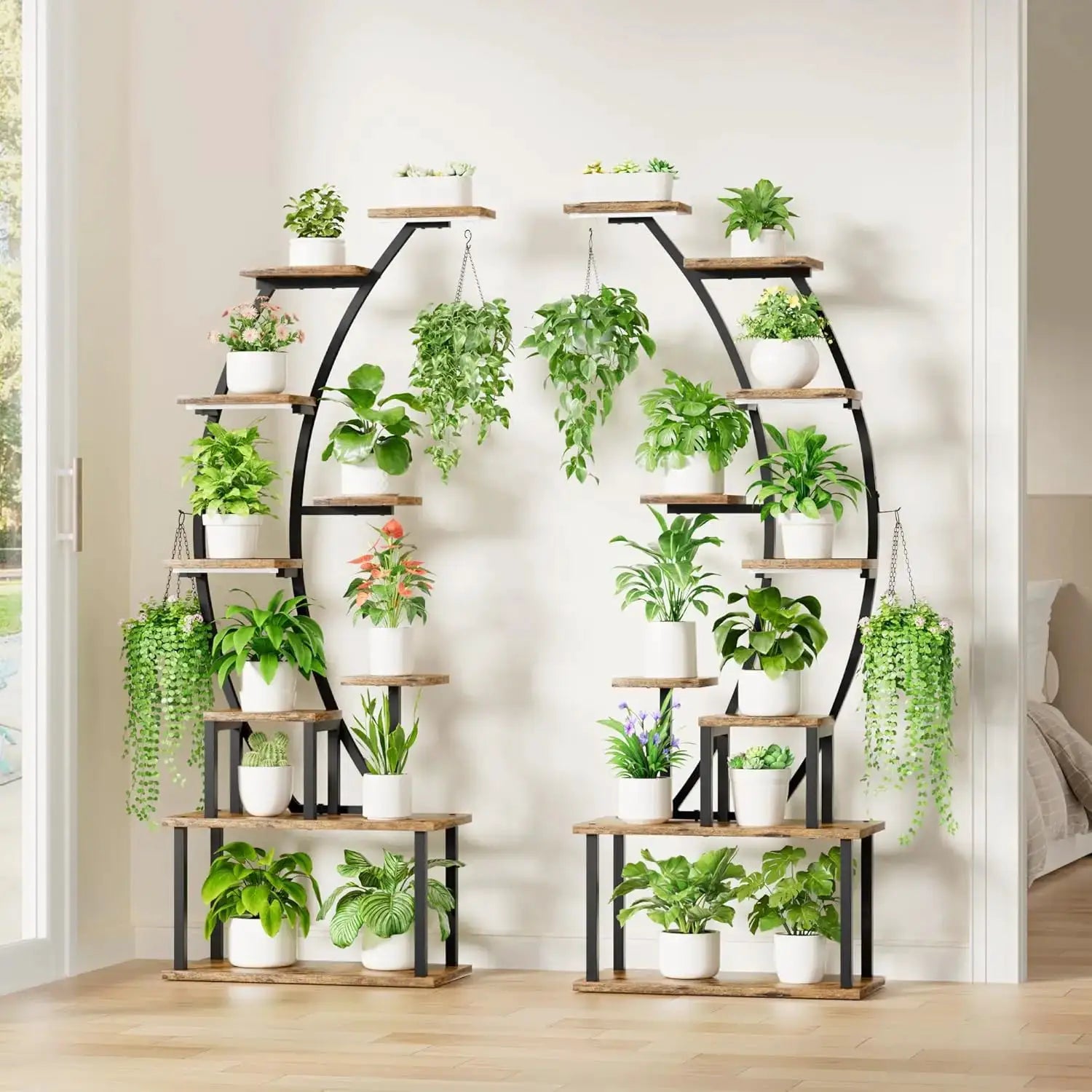9 Tier Tall Plant Stand with Grow Lights, 64 Inch Metal Shelf for Indoor Plants, Curved Display Rack for Living Room Patio from PriceLows™