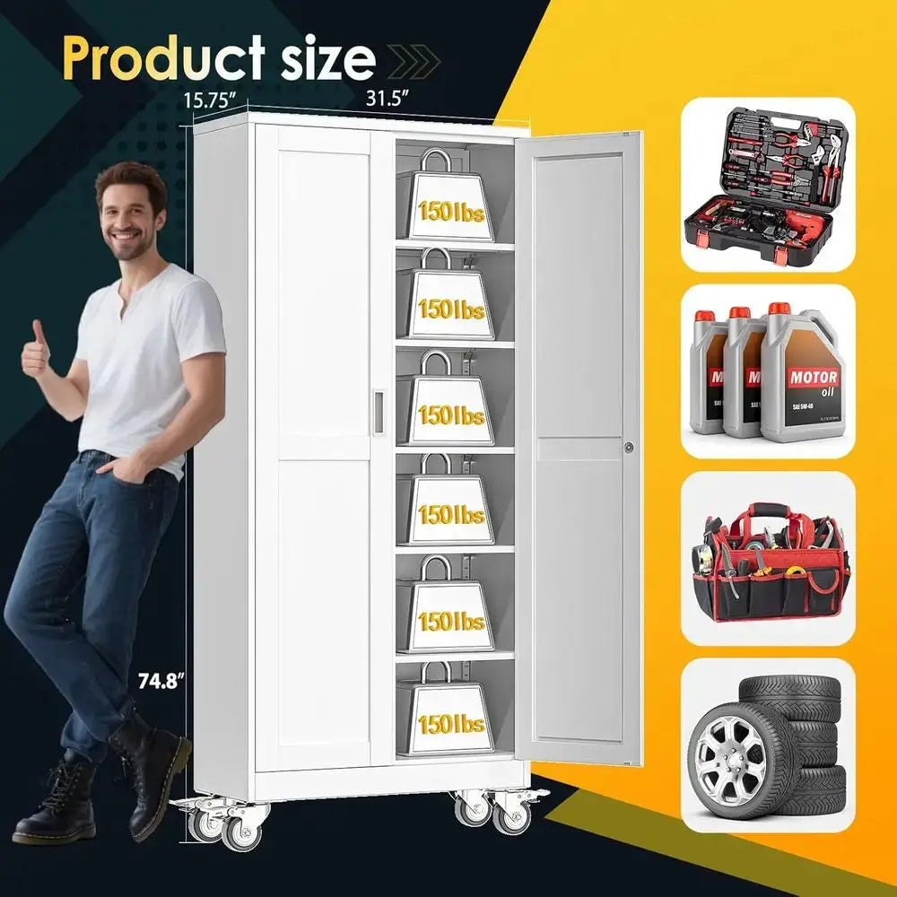 75 High Metal Storage Cabinet with Wheels, 2 Doors & 5 Shelves, White, Ideal for Home, Office, Warehouse from PriceLows™