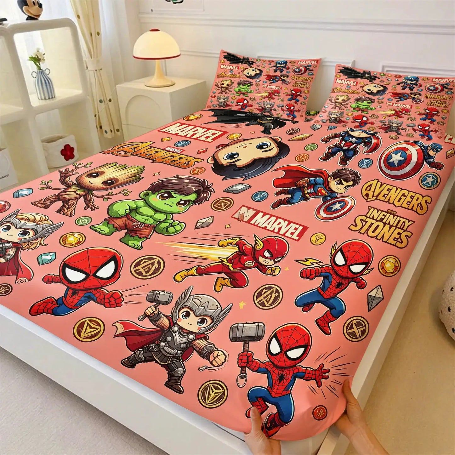Marvel & DC Cartoon Fitted Sheet Set Chibi Superhero Bed Linen with Pillowcases Deep Pocket Gaming Room Fan Room Kids Room Decor from PriceLows™