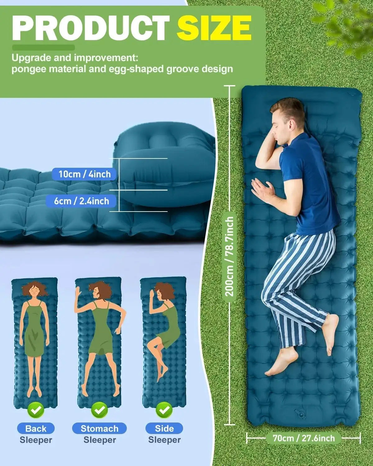 Inflatable Sleeping Pad | 4 Inch Thick | TPU | Quick Inflation